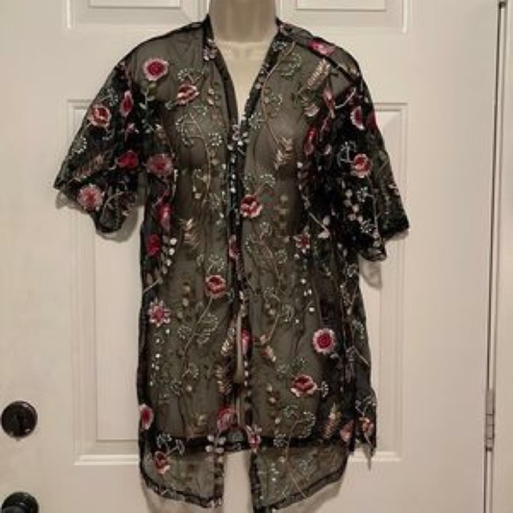 Glance Black Mesh Kimono with a pink Embroidered Flowers